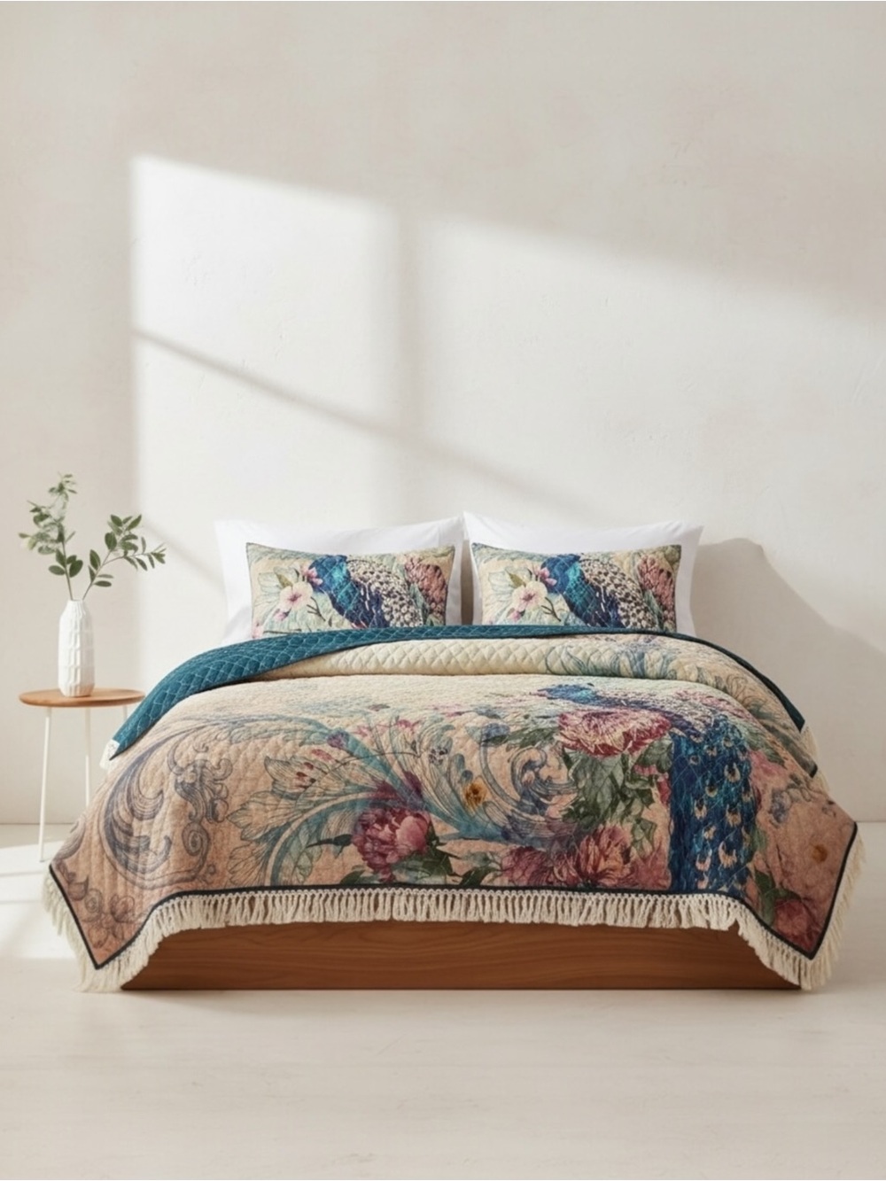 NEW Anthropologie Peacock Tassel Fringe Boho Quilt Bedspread Bedding & Sham Set